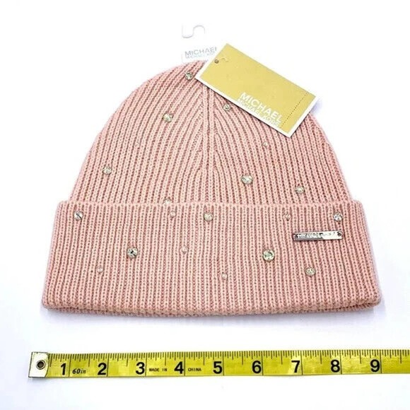 Michael Kors Crystal Embellished Logo Beanie Hat One Size Powder Blush Nwt $88 main image 4